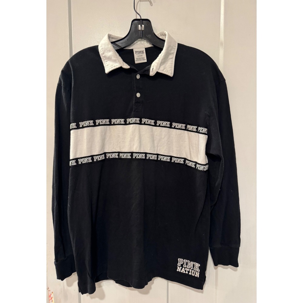 Victoria's Secret PINK Nation Rugby Shirt Black White Logo Long Sleeve Medium